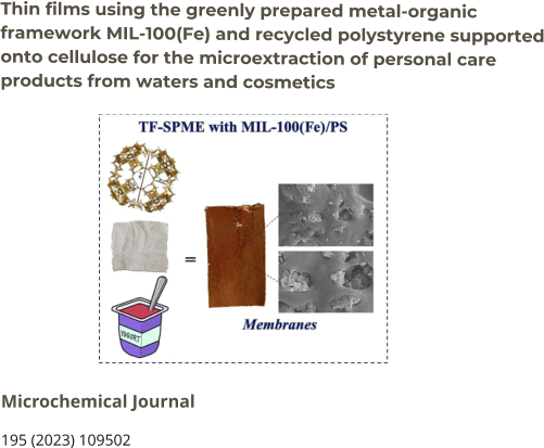 Thin films using the greenly prepared metal-organic framework MIL-100(Fe) and recycled polystyrene supported onto cellulose for the microextraction of personal care products from waters and cosmetics Microchemical Journal  195 (2023) 109502